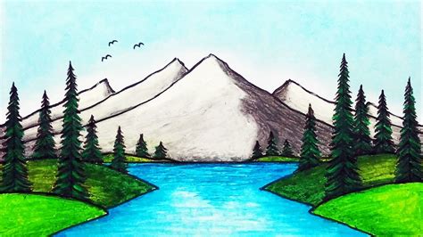How to Draw Beautiful Mountain Lake .